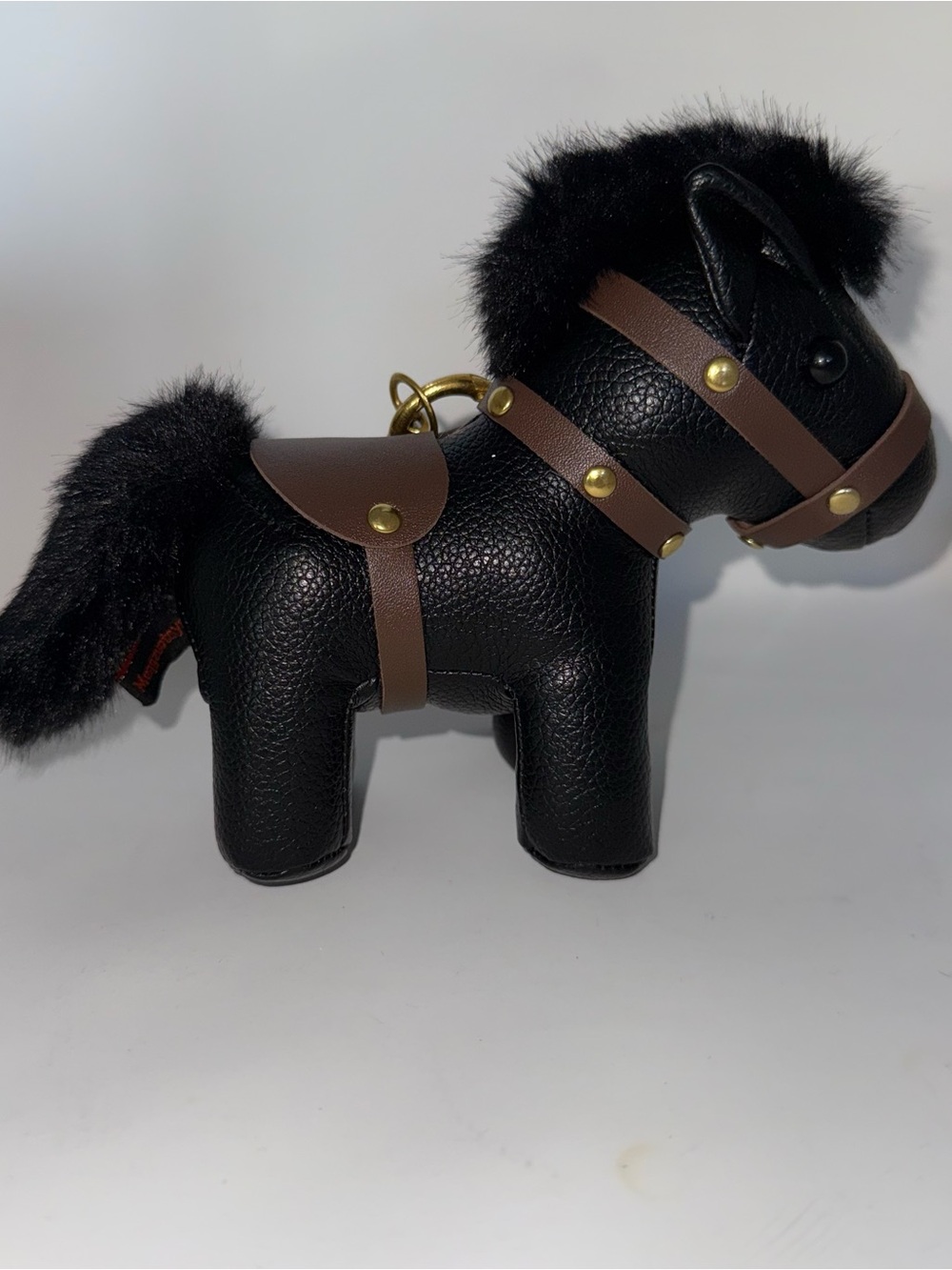 Black Leather Pony Bag or Key Charm with Brown Harness and Faux Fur
